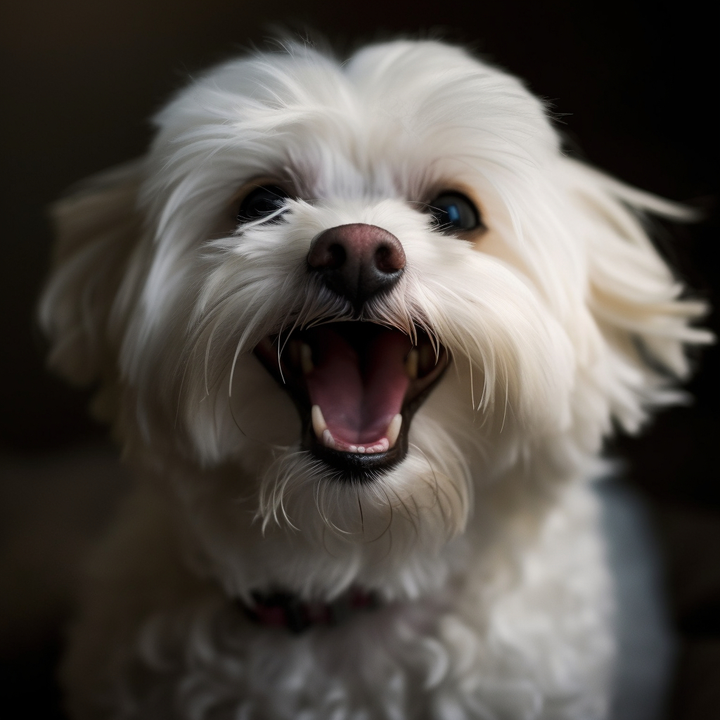 a maltese with his mouth open mid yawn