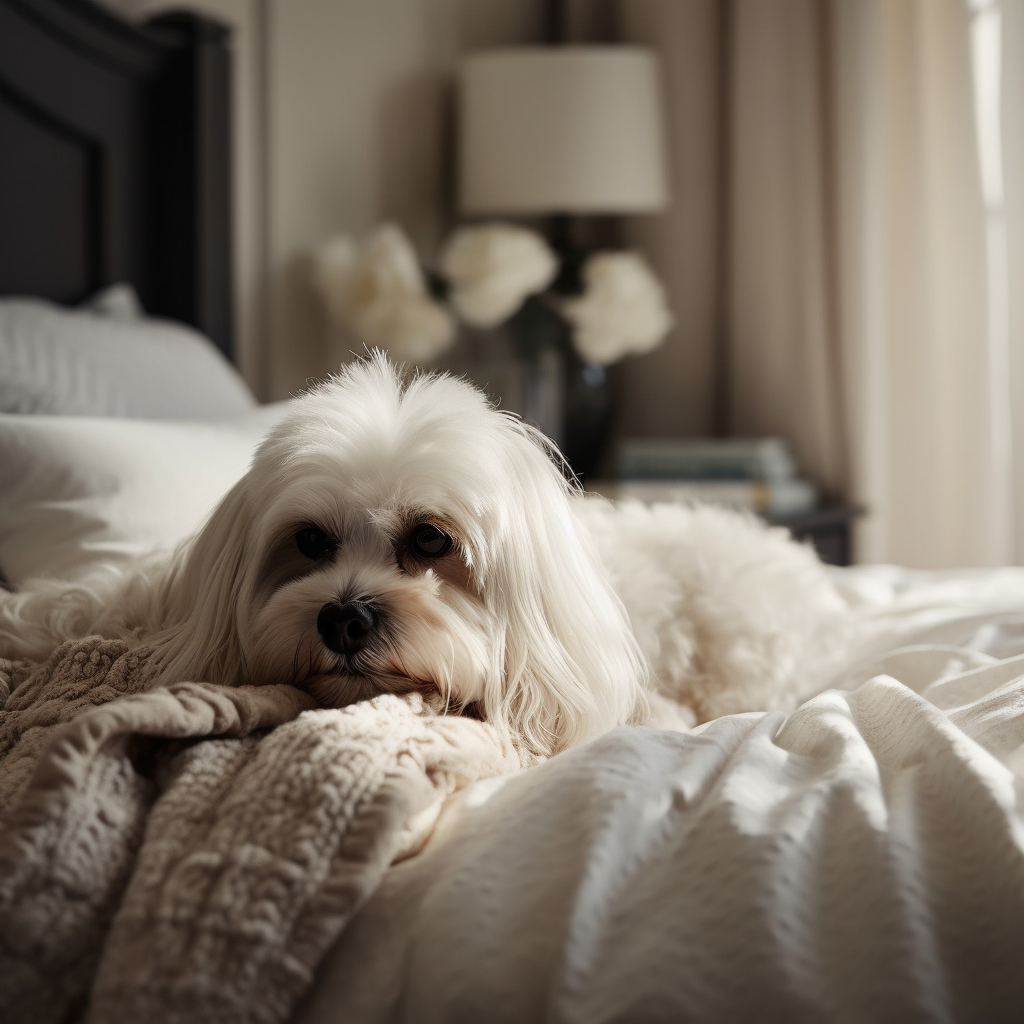 picture of a maltese dog laying on the bed