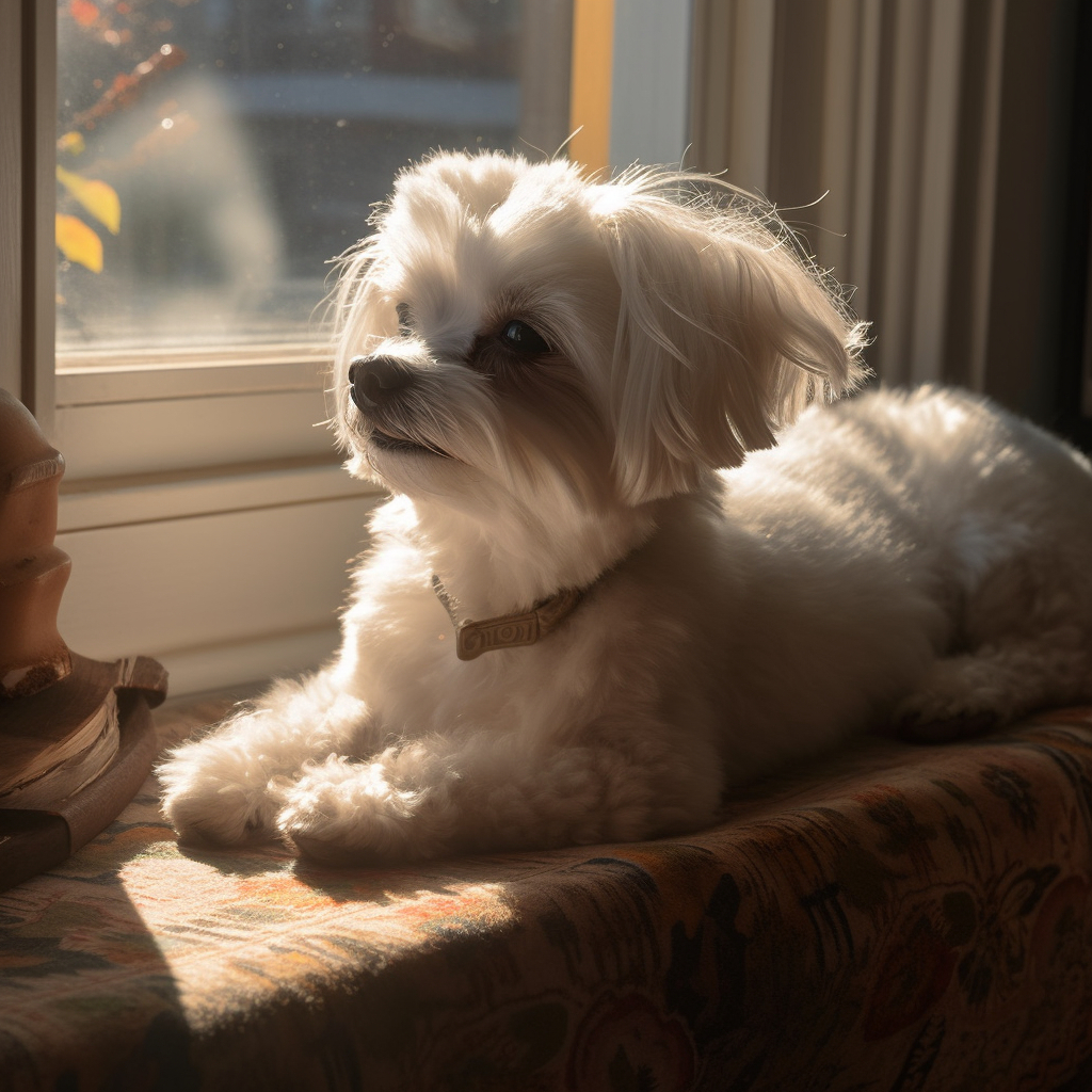 maltese laying by a window sill looking out