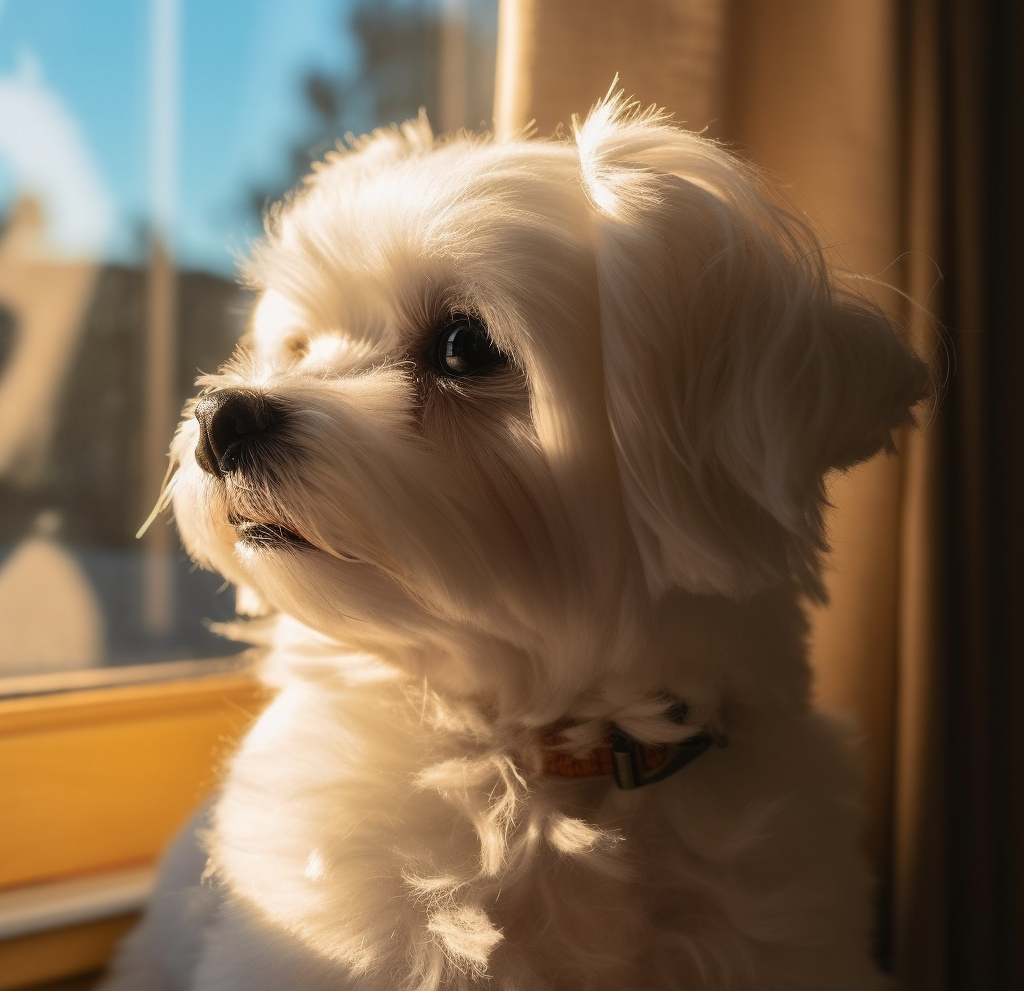 beautiful photo of a maltese dog looking out the window
