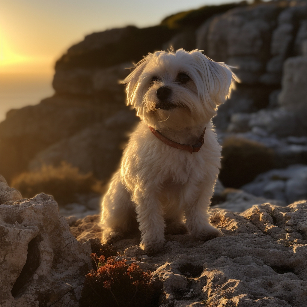 picture of a maltese sitting on a rock with a scenic cliff background