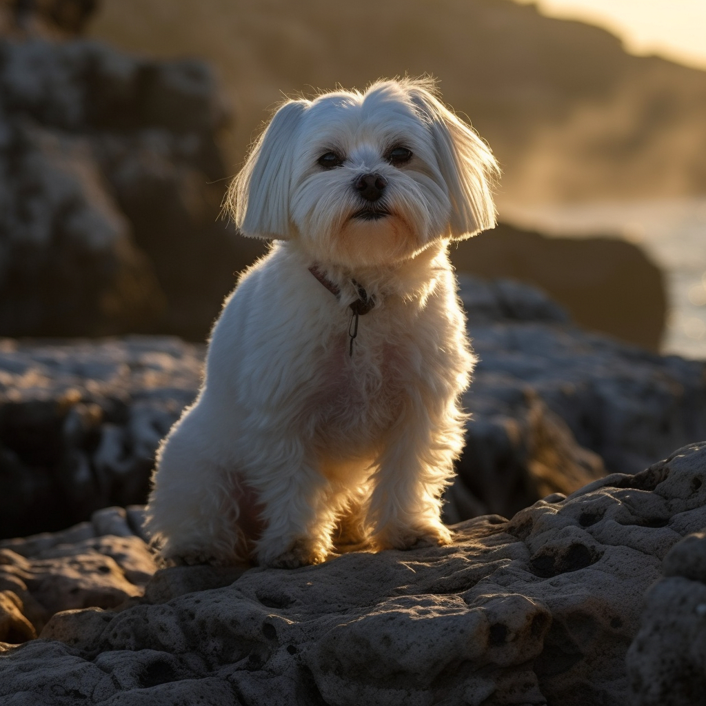 picture of a Maltese dog sitting on a rock with the ocean in the background