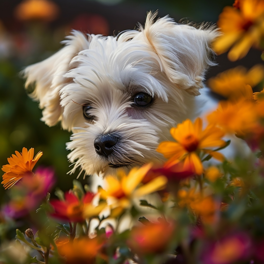 cute maltese puppy looking at flowers outside