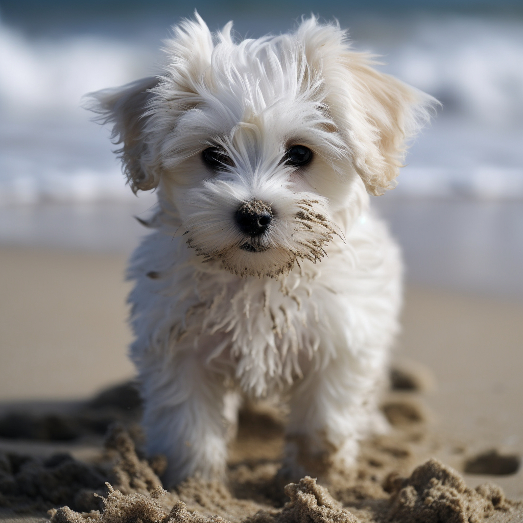 a maltese pup playing on the beach
