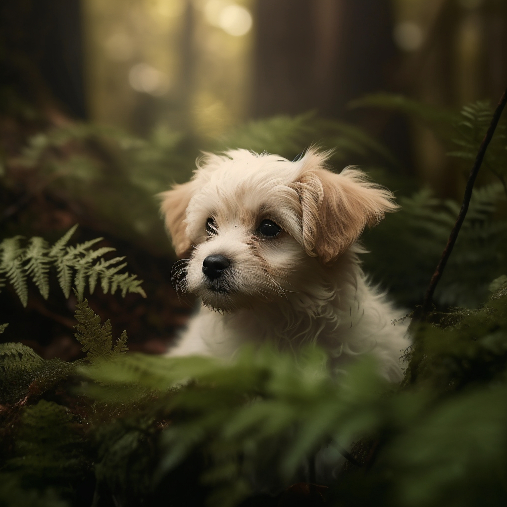 picture of a maltese puppy dog sitting in lush green foliage in the woods
