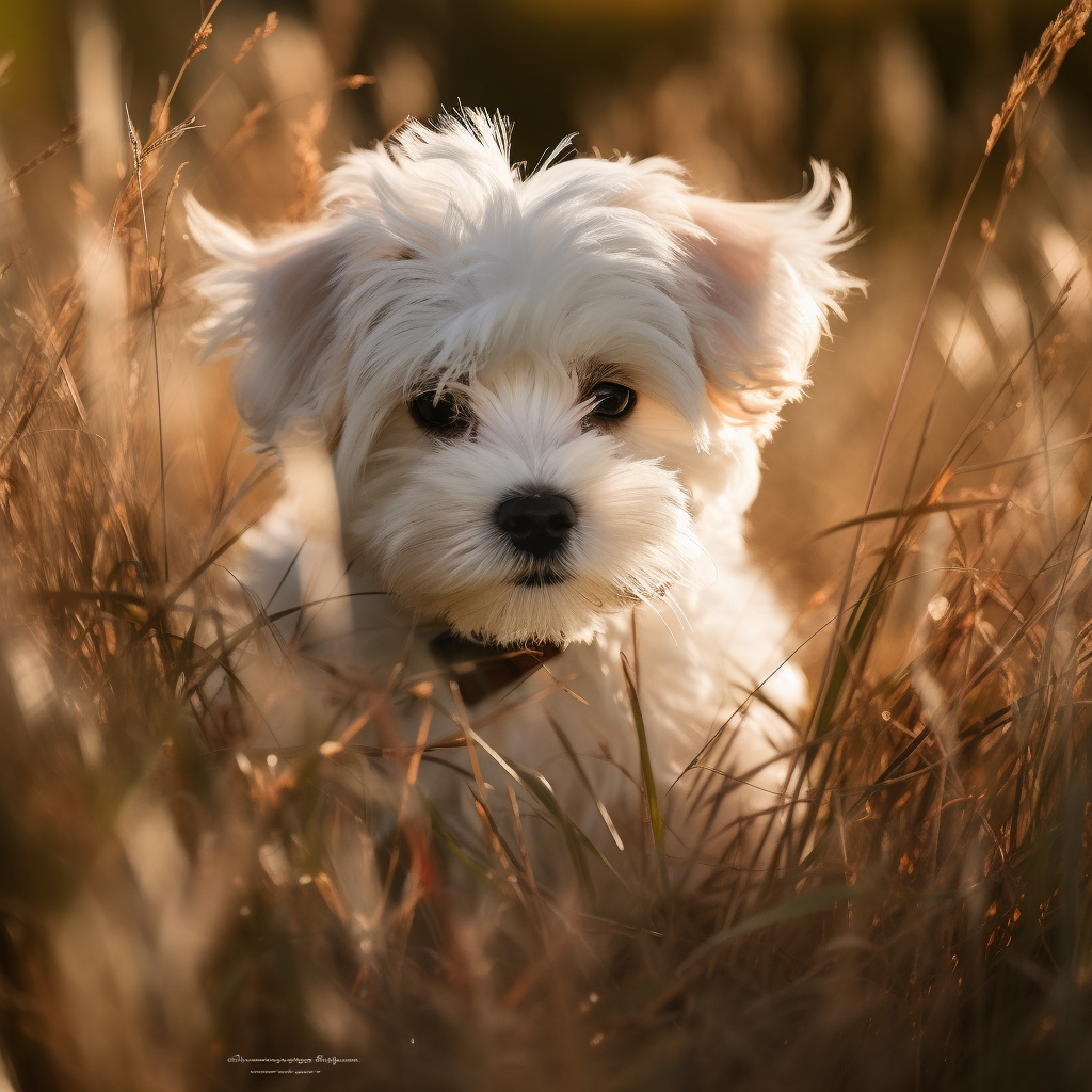adorable maltese puppy dog sitting in tall grass outside