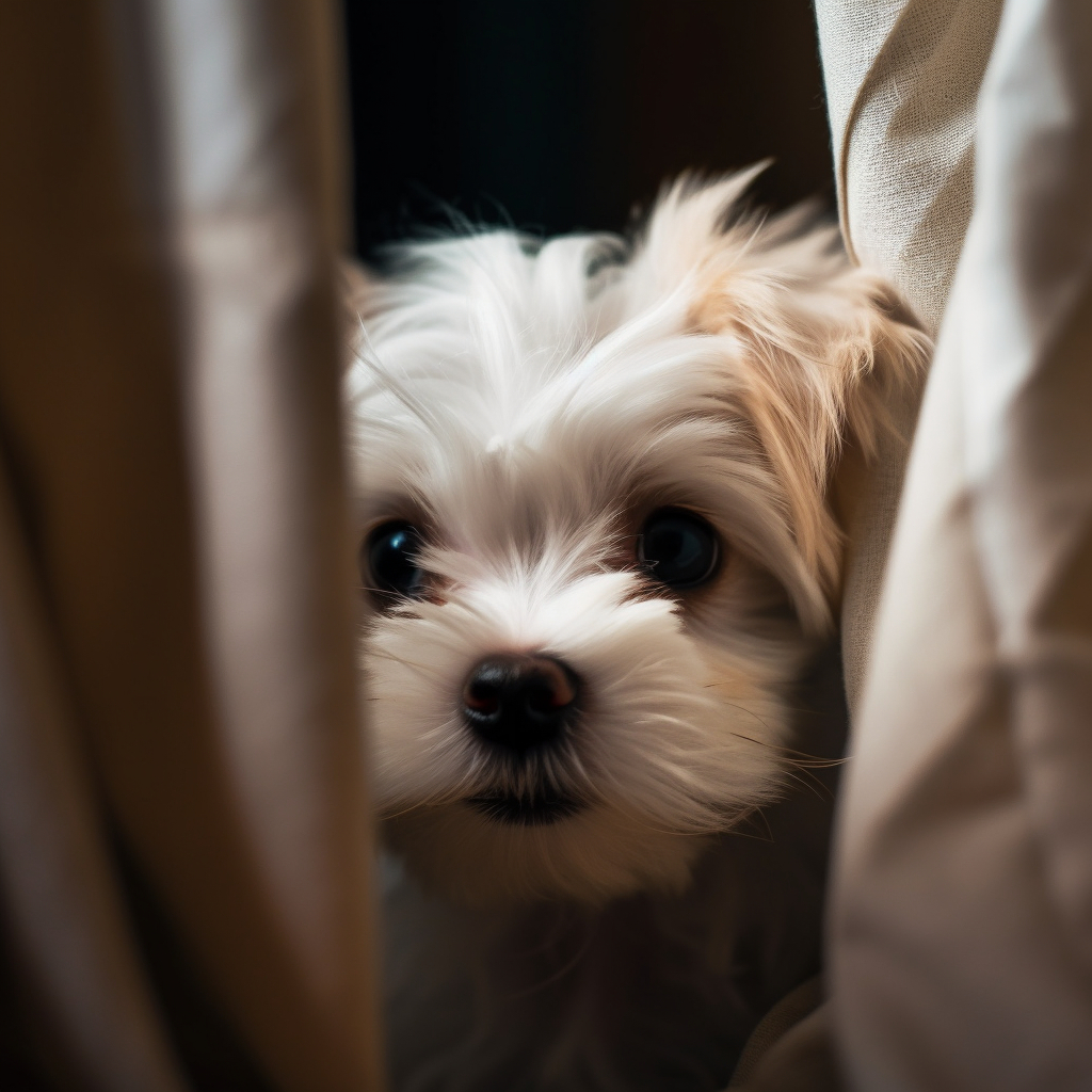 cute maltese puppy peeking out from behind a curtain