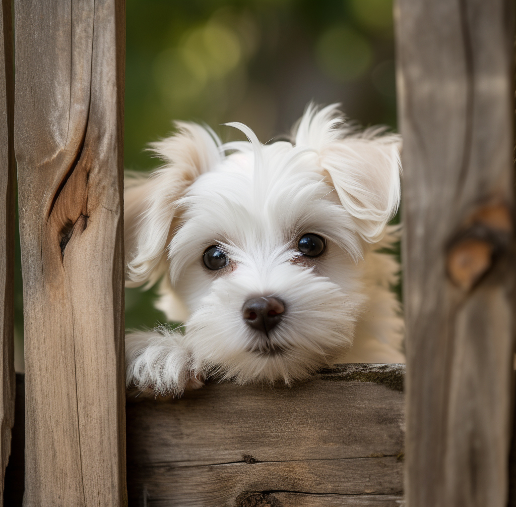 super cute maltese puppy peeking through a fence