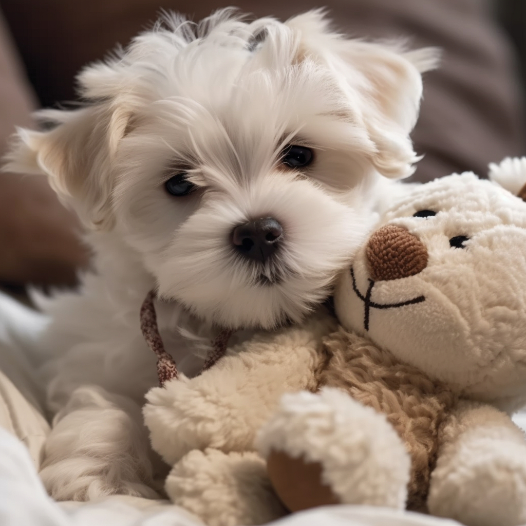 cute maltese puppy picture snuggling with a stuffed teddy bear on a bed