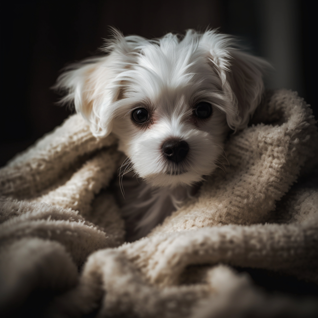 maltese puppy dog snuggled up in a blanket
