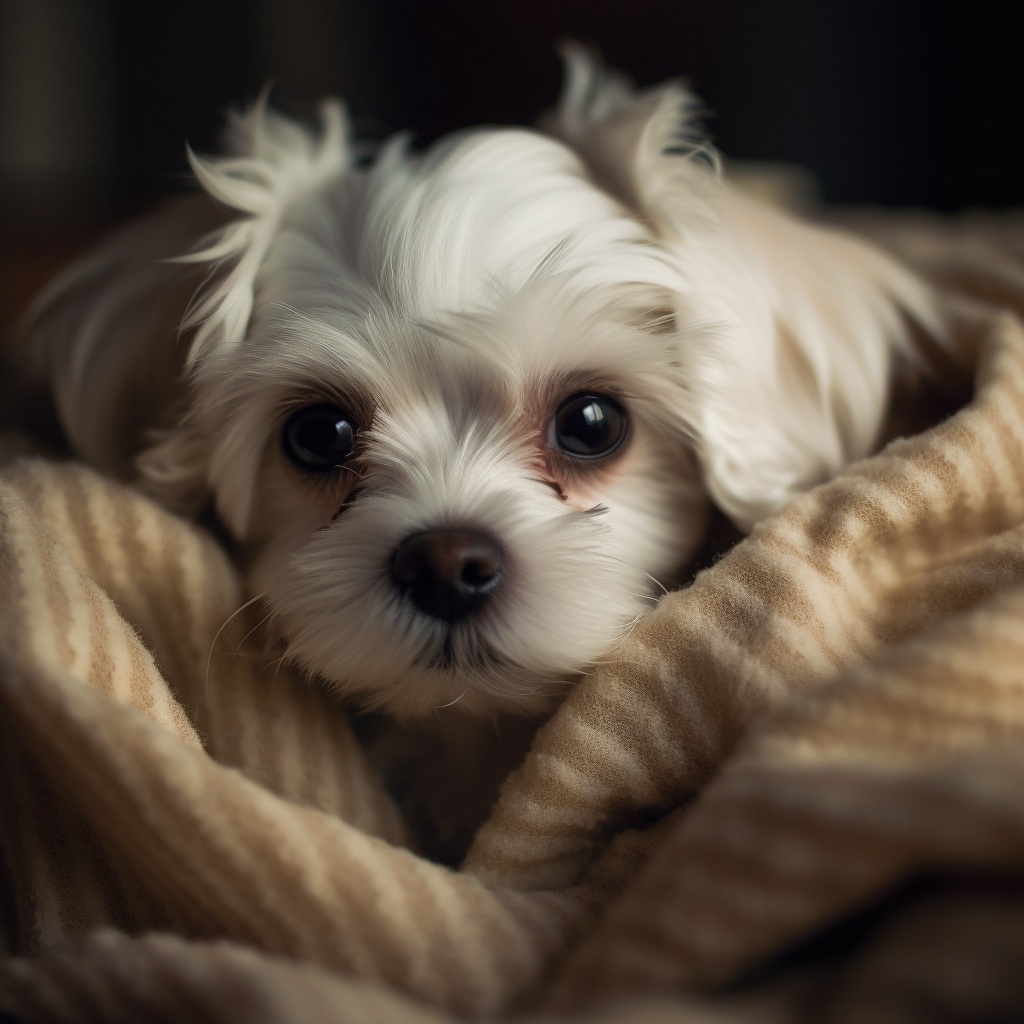 super cute maltese puppy dog snuggled up in a blanket on the bed