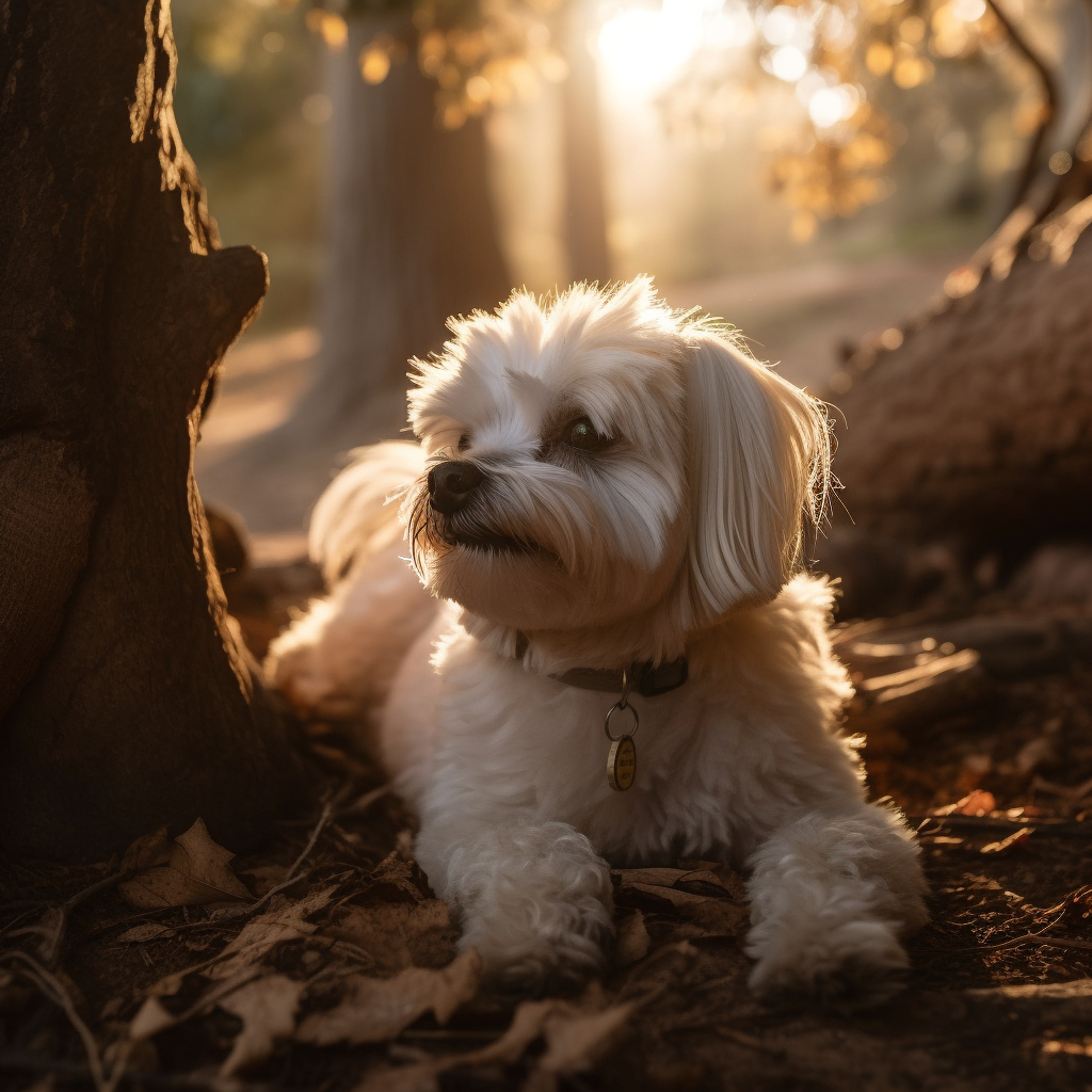 white maltese sitting outside by a tree