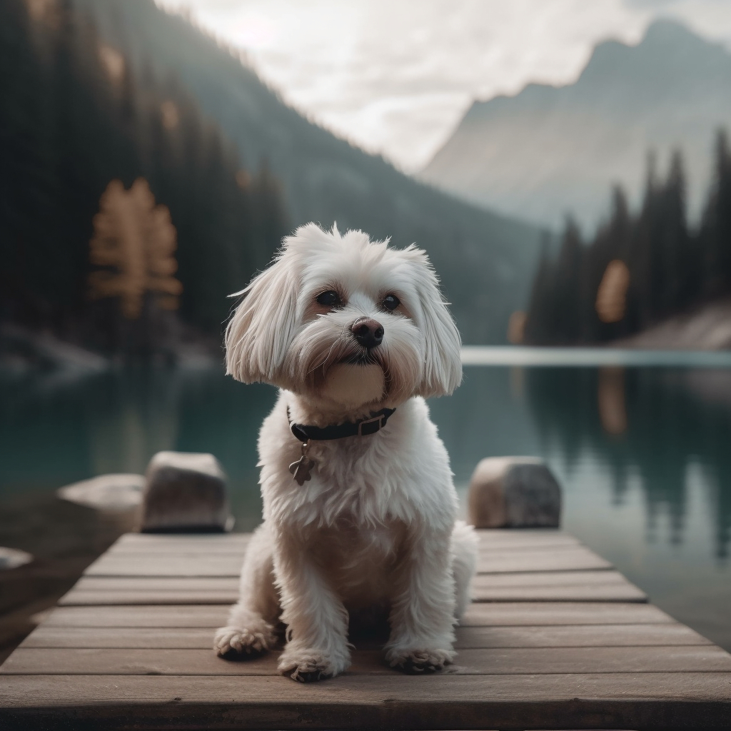 image of a maltese dog sitting on a dock with scenic lake background with mountains and woods