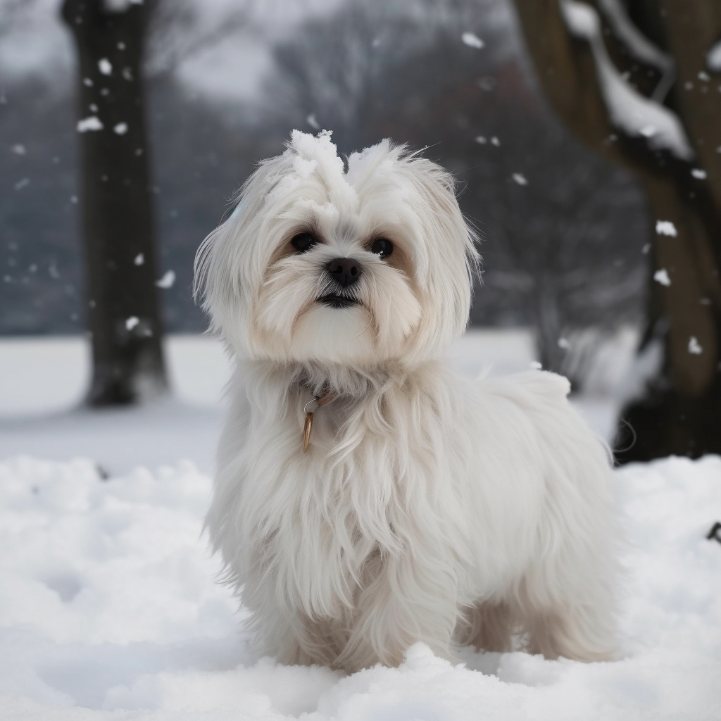 white maltese dog standing in the snow