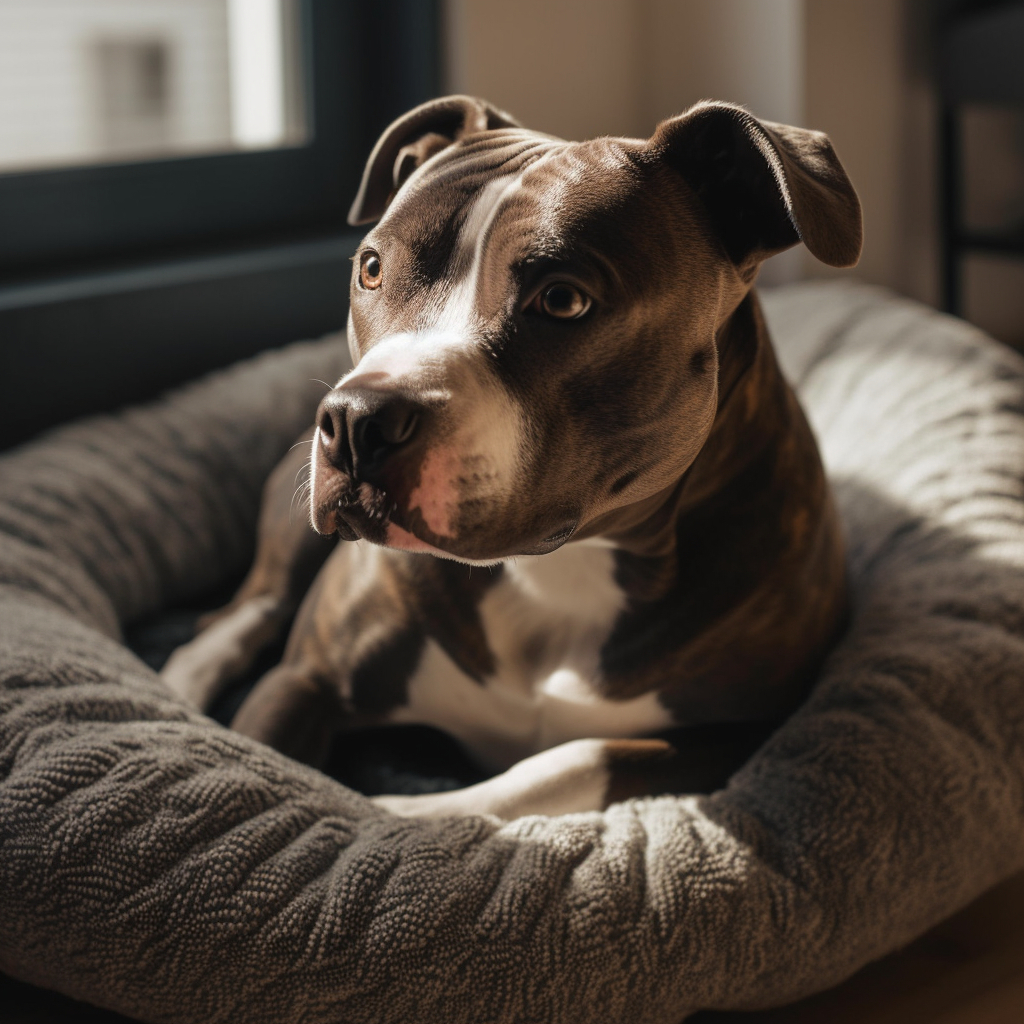charming blue nose pitbull dog laying in his dog bed