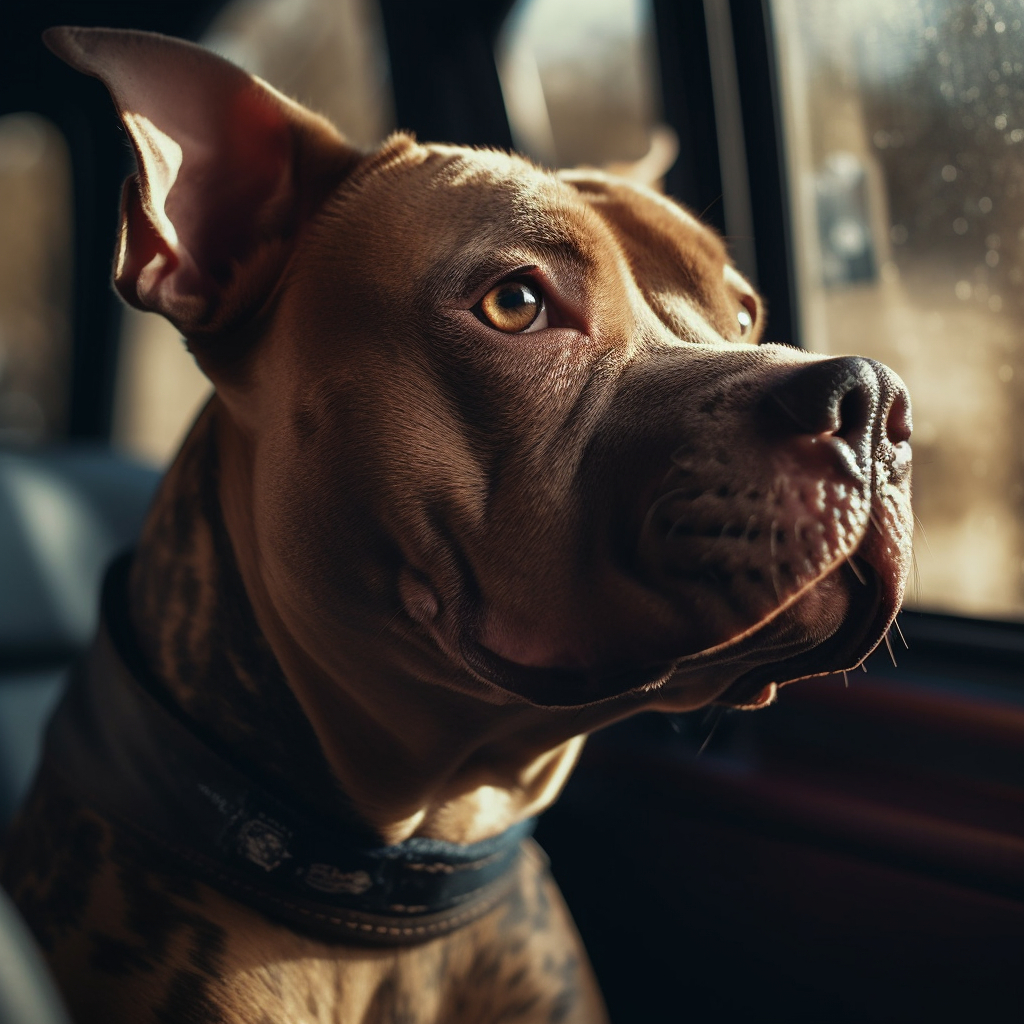 pitbull going for a car ride, looking out the window