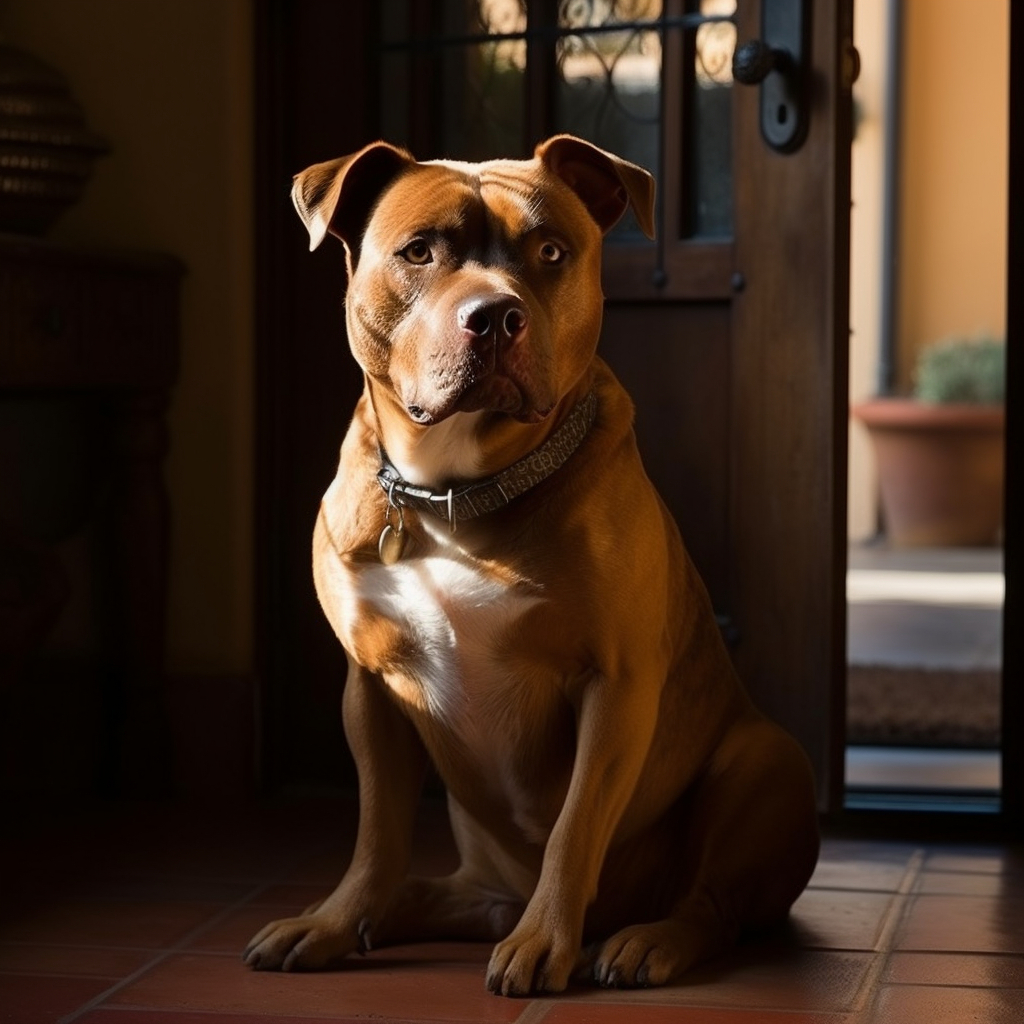 pitbull sitting by the front door