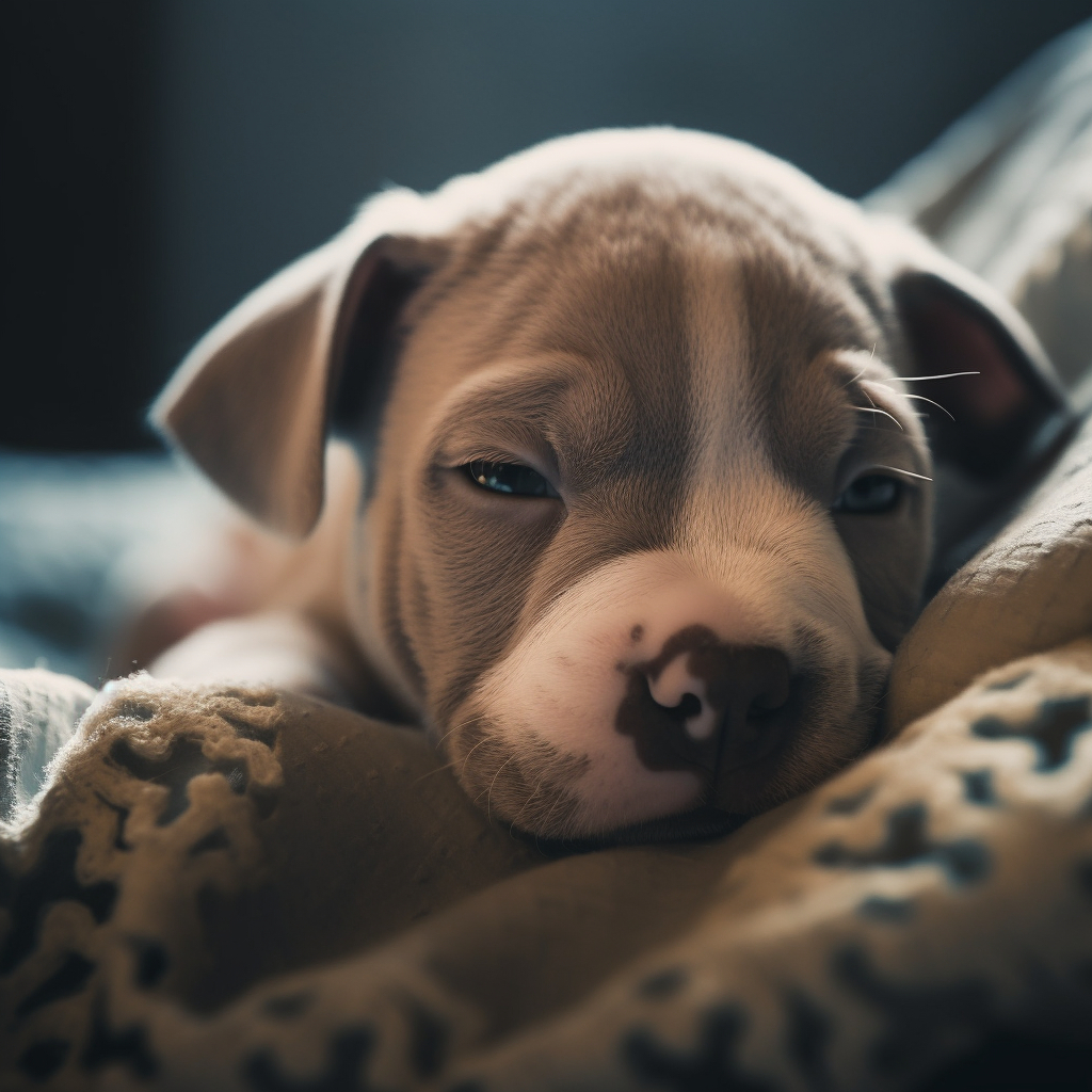 cute pitbull puppy falling asleep on the bed with a blanket
