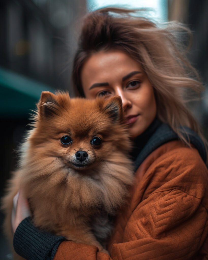 cute pomeranian being held in the arms of a girl