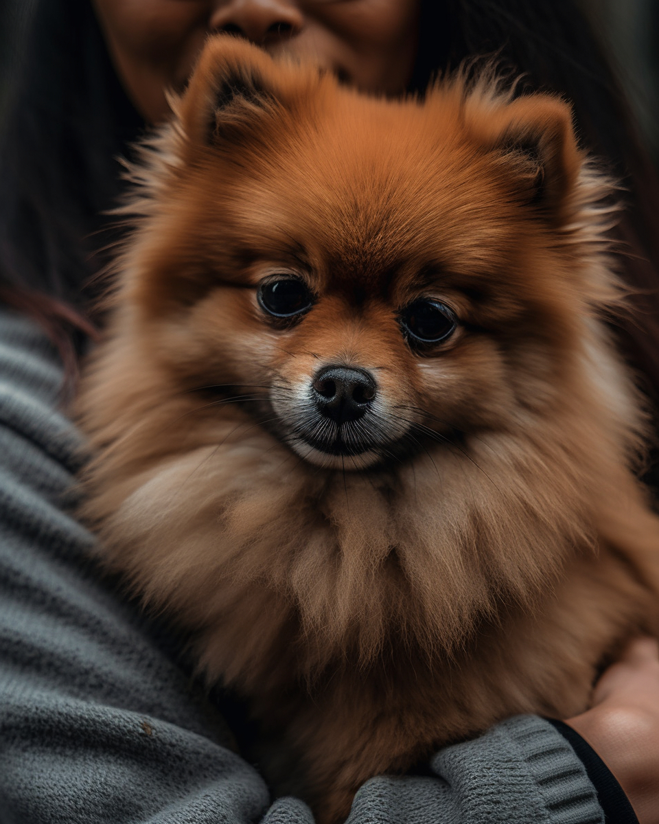 Pomeranian dog being held by its owner