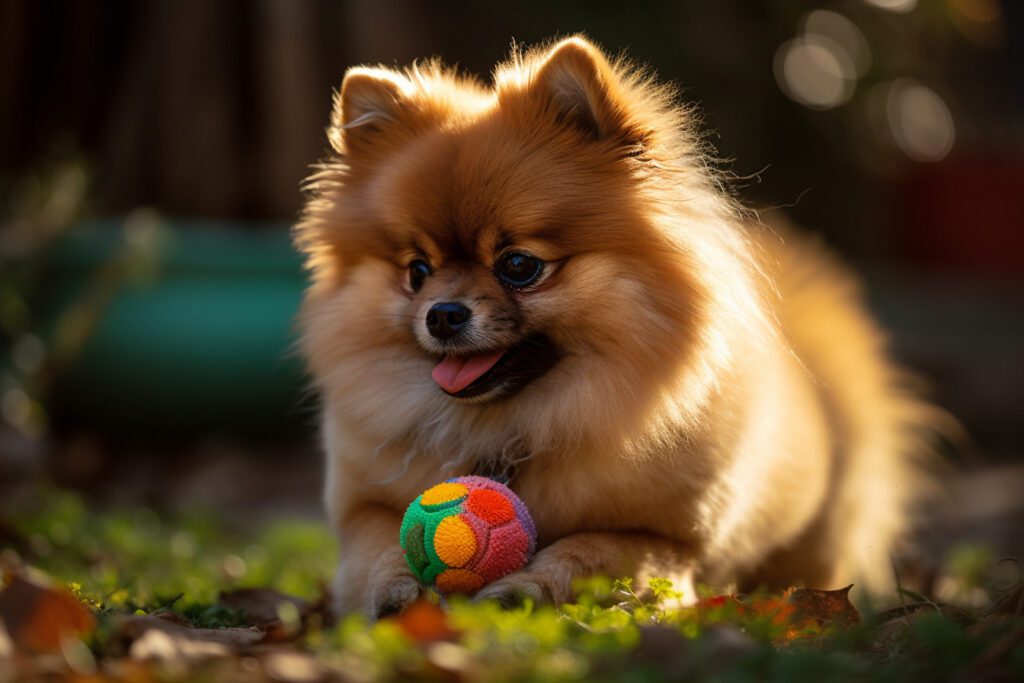 picture of a pomeranian puppy playing with a ball toy outside