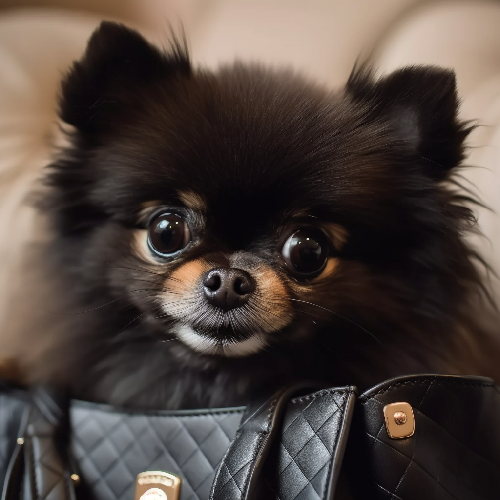 adorable black pomeranian peeking out of a designer purse