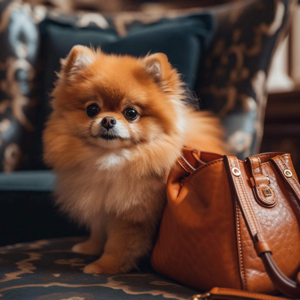 super cute pomeranian puppy dog sitting next to a purse