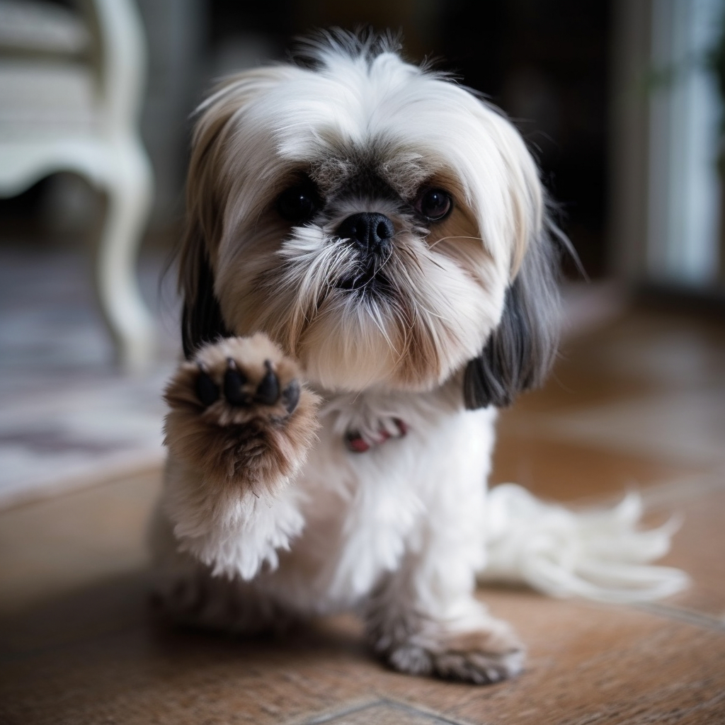 cute shih tzu puppy with his paw in the air