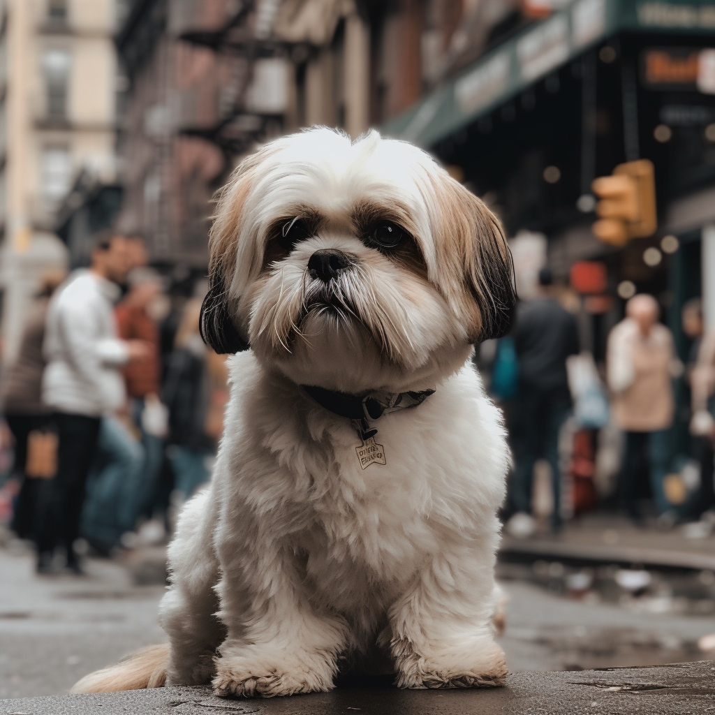shih tzu dog sitting on a busy street with people in the background