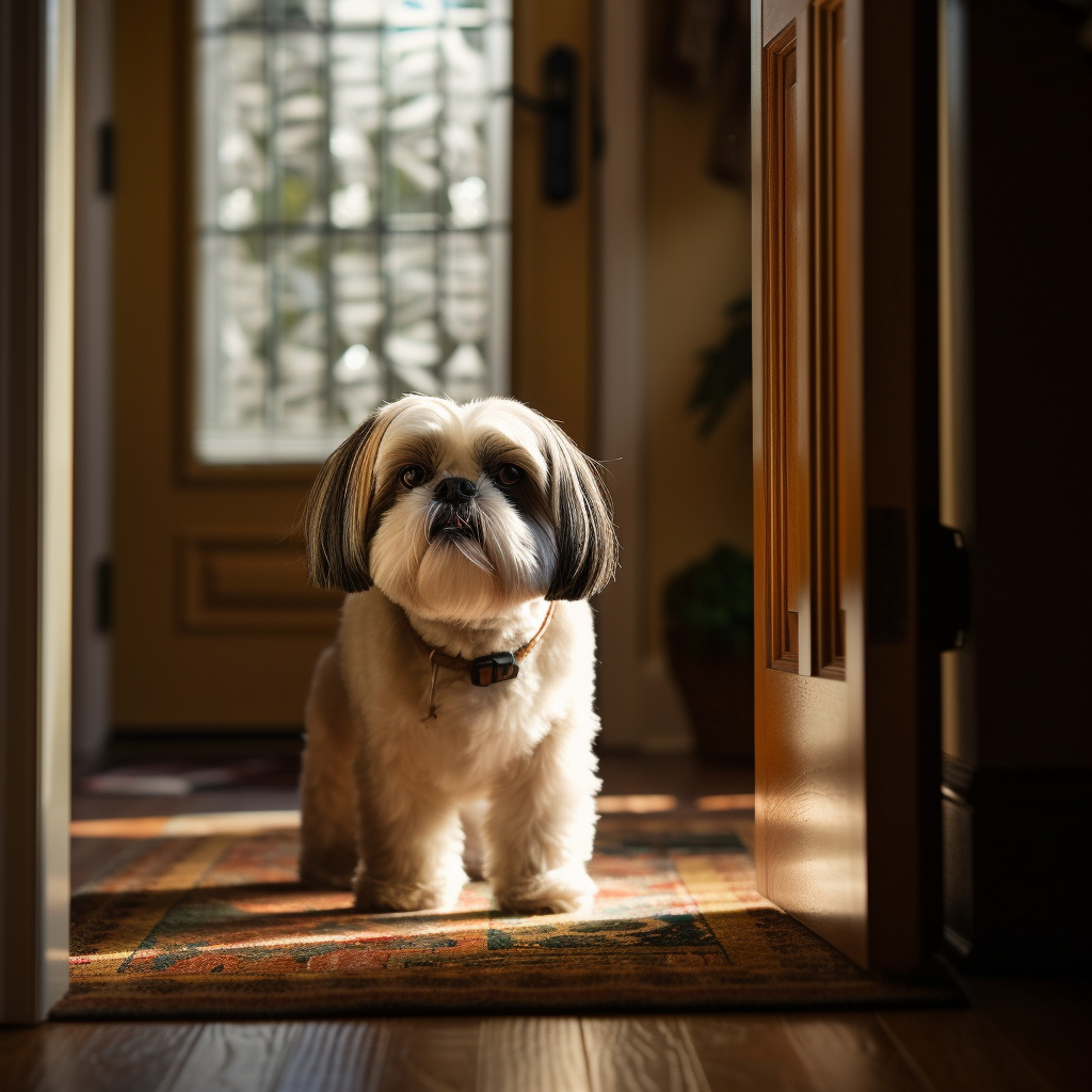 shih tzu standing by the door with rays of sunlight coming in