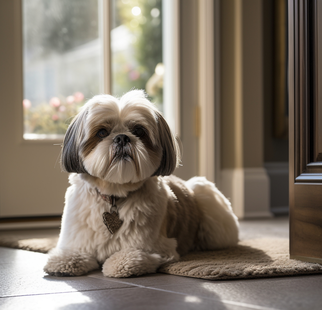 image of a shih tzu laying down by the door on a matching rug