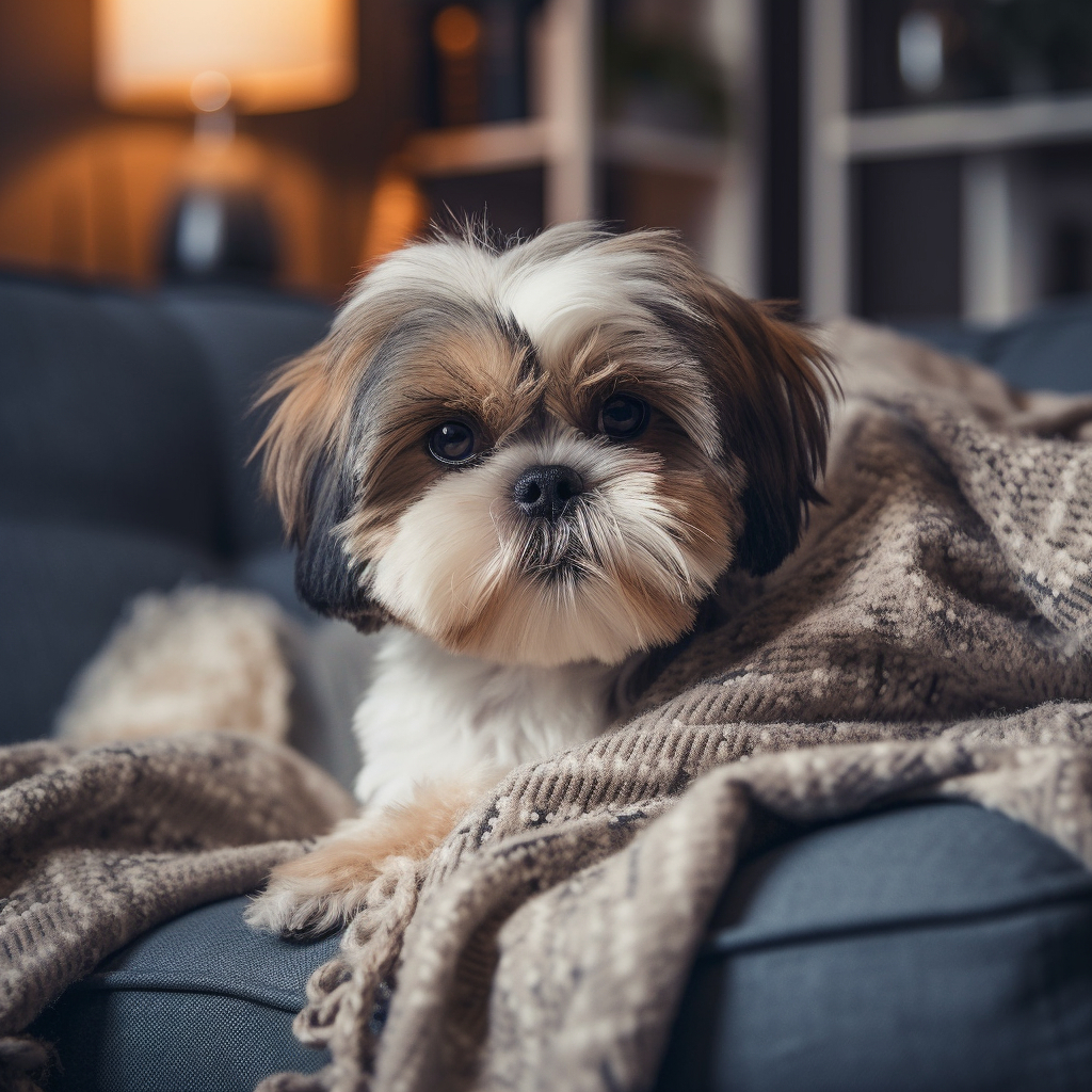a shih tzu puppy snuggled under a blanket on the couch