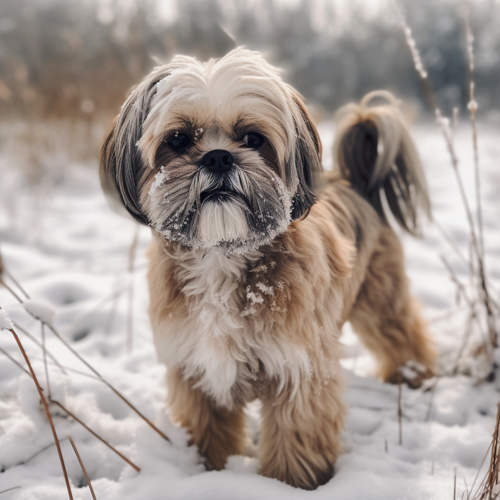 a shih tzu playing outside in the snow