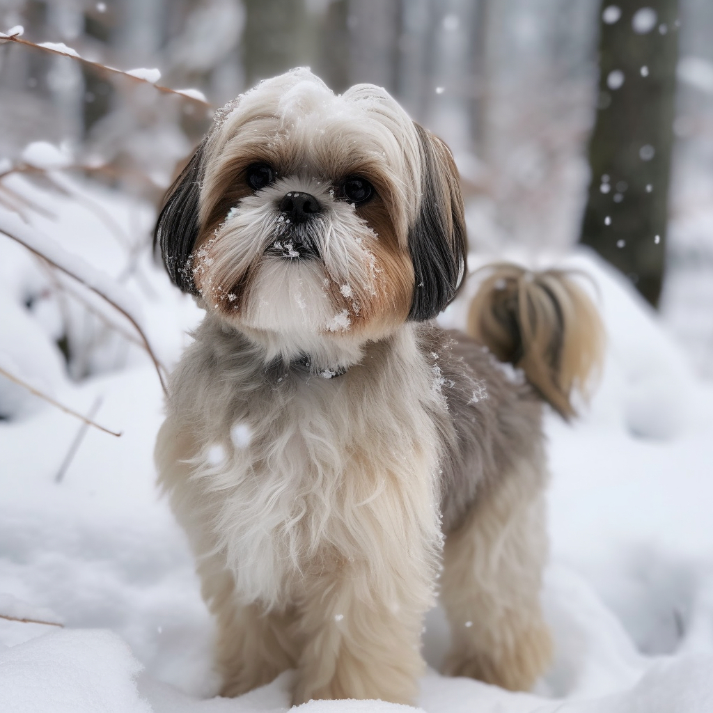 adorable shih tzu playing in the snow outside
