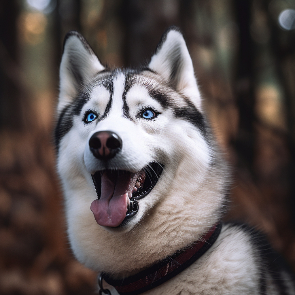 charming husky panting in the woods, with his mouth open