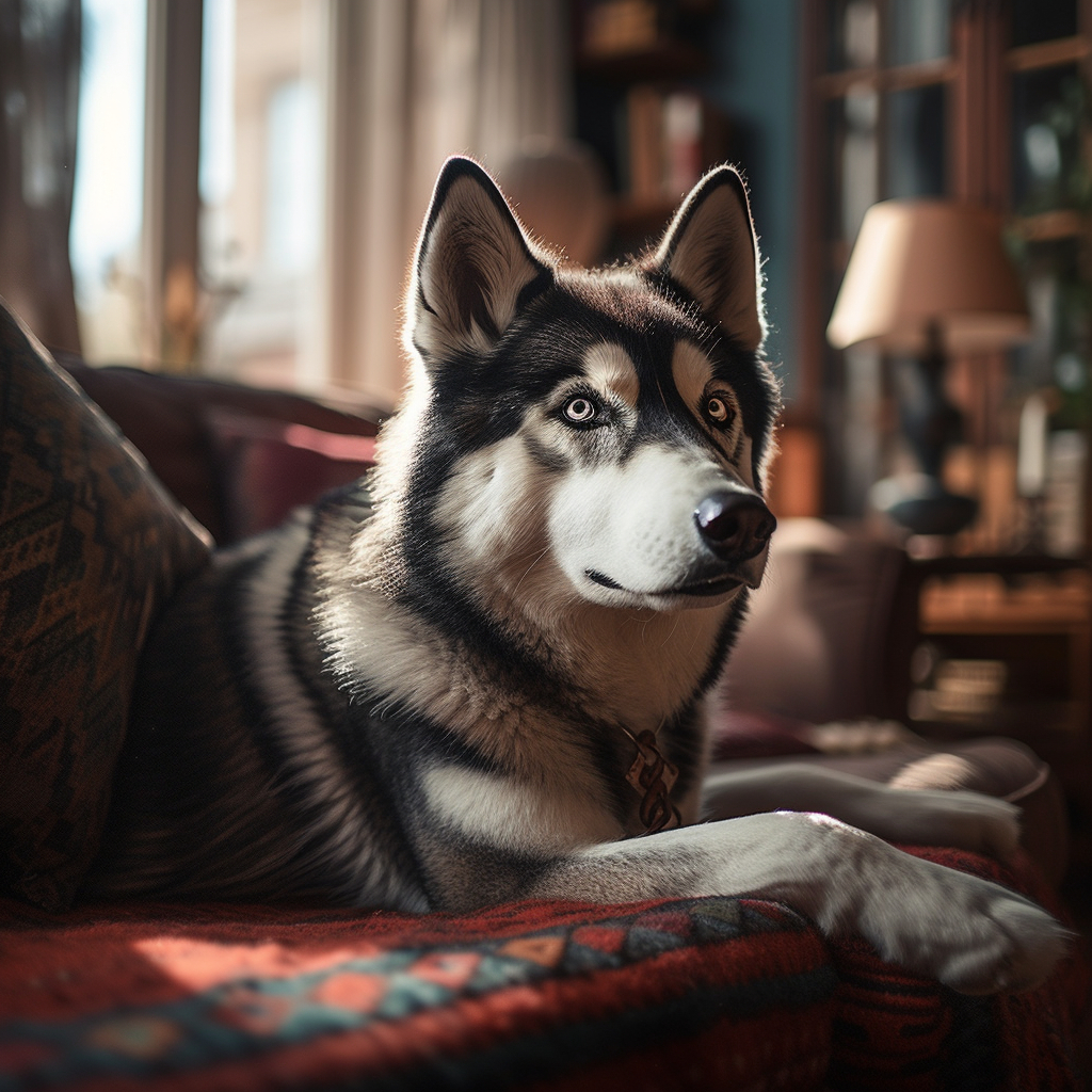 young husky posing for an image on the couch