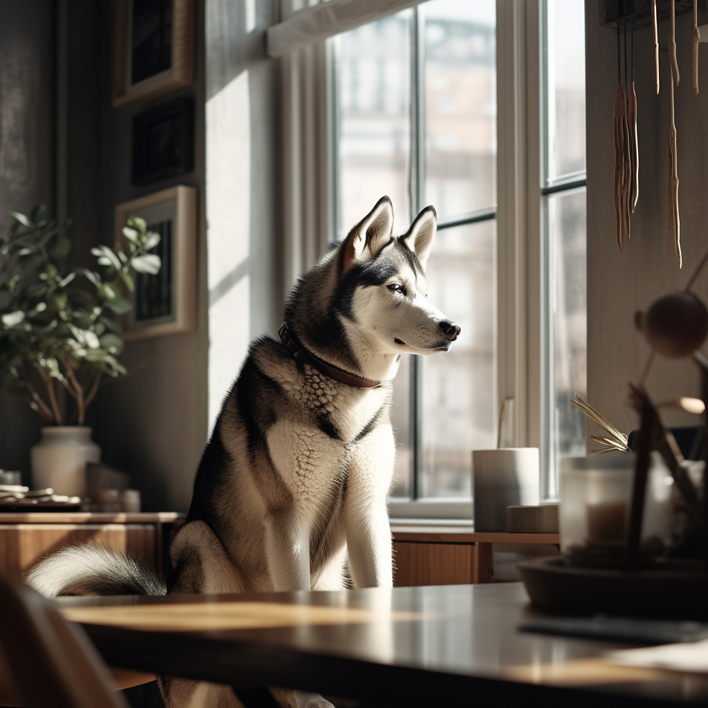 picture of a husky dog looking out the window