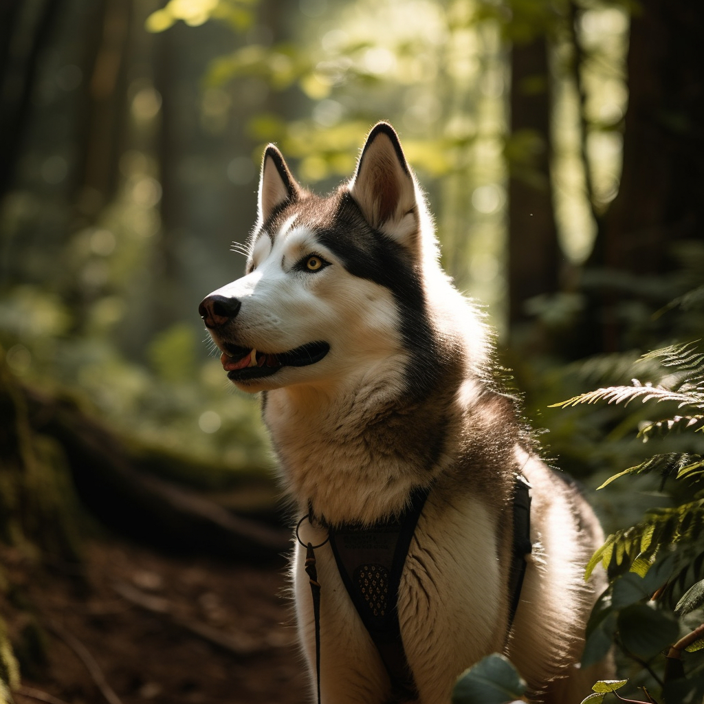 husky going for a walk in the woods on a hiking trail with green foliage surrounding