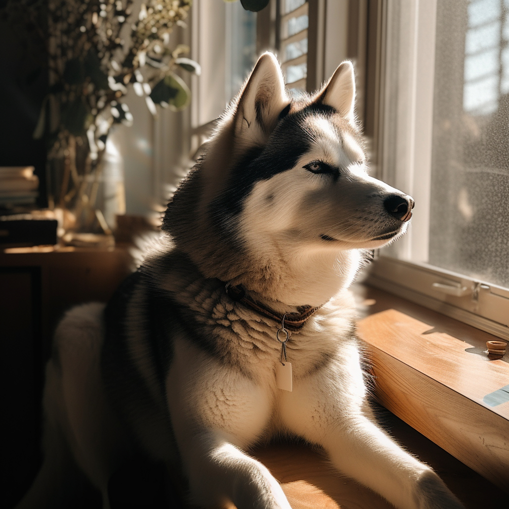 a husky looking out the window, laying down