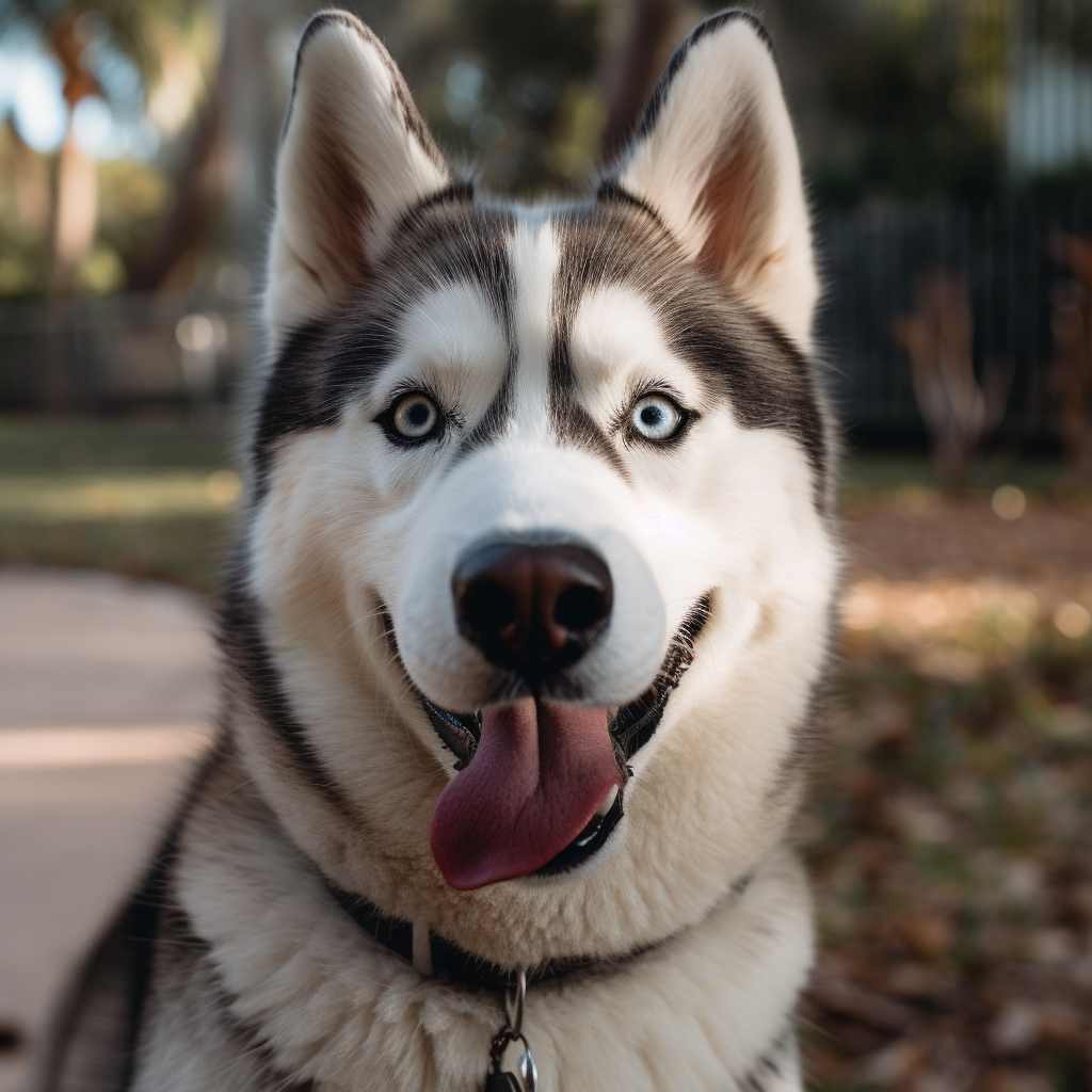charming husky photo of the dog on a sidewalk with his mouth open, staring at the camera close up