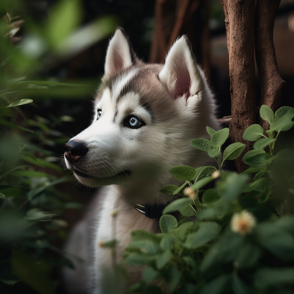 cute husky puppy image in the leaves of the forest
