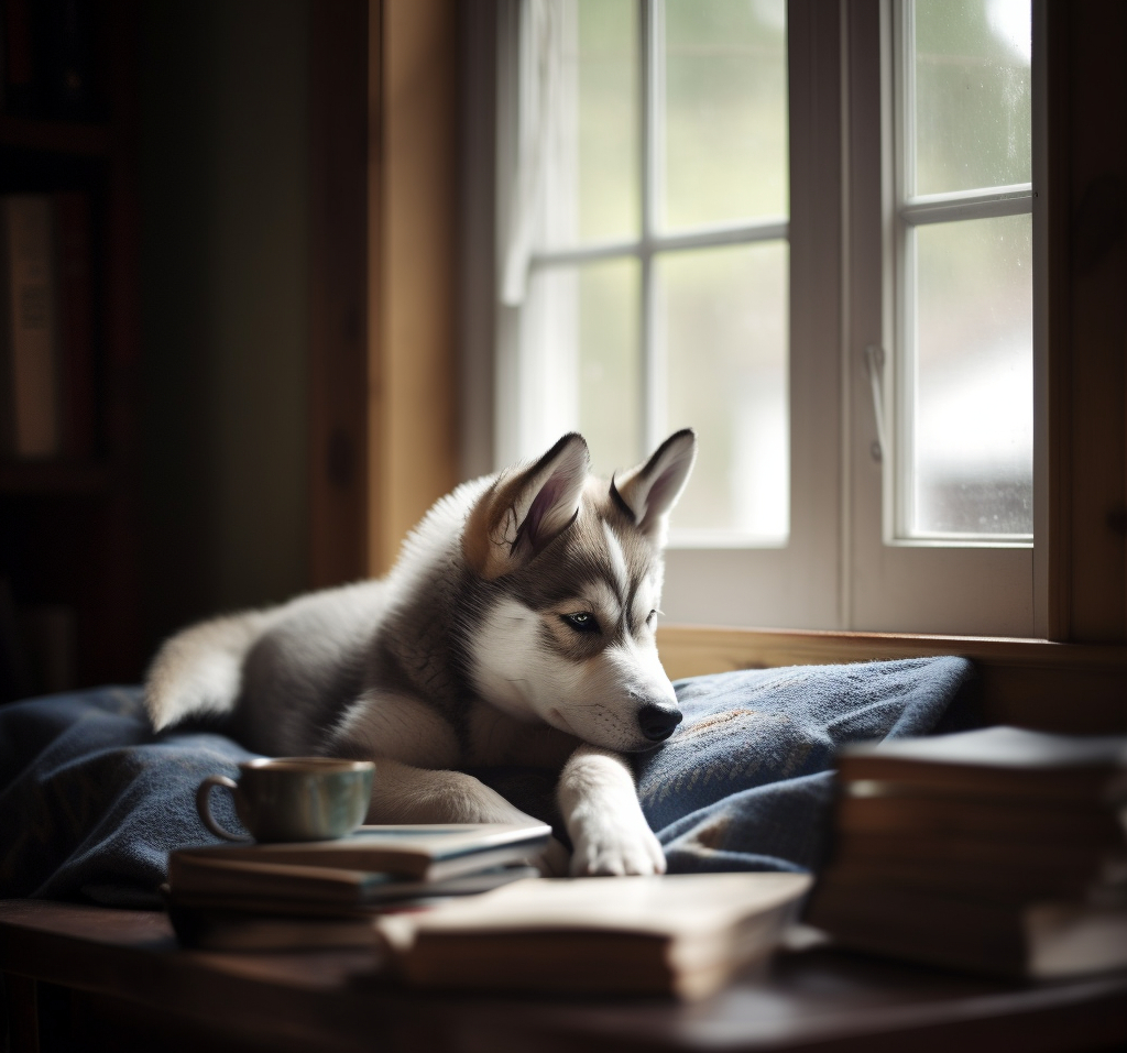 cute siberian husky puppy picture laying on a pillow by the window