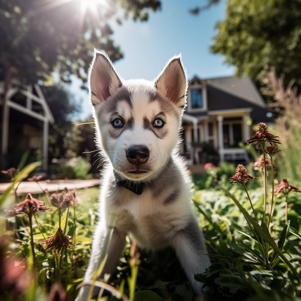 cute husky puppy dog image in front o of a house, playing in the front yard grass