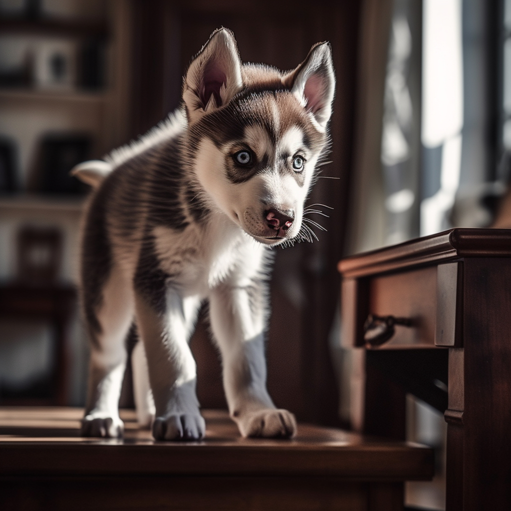 funny husky puppy dog standing on a chair playfully