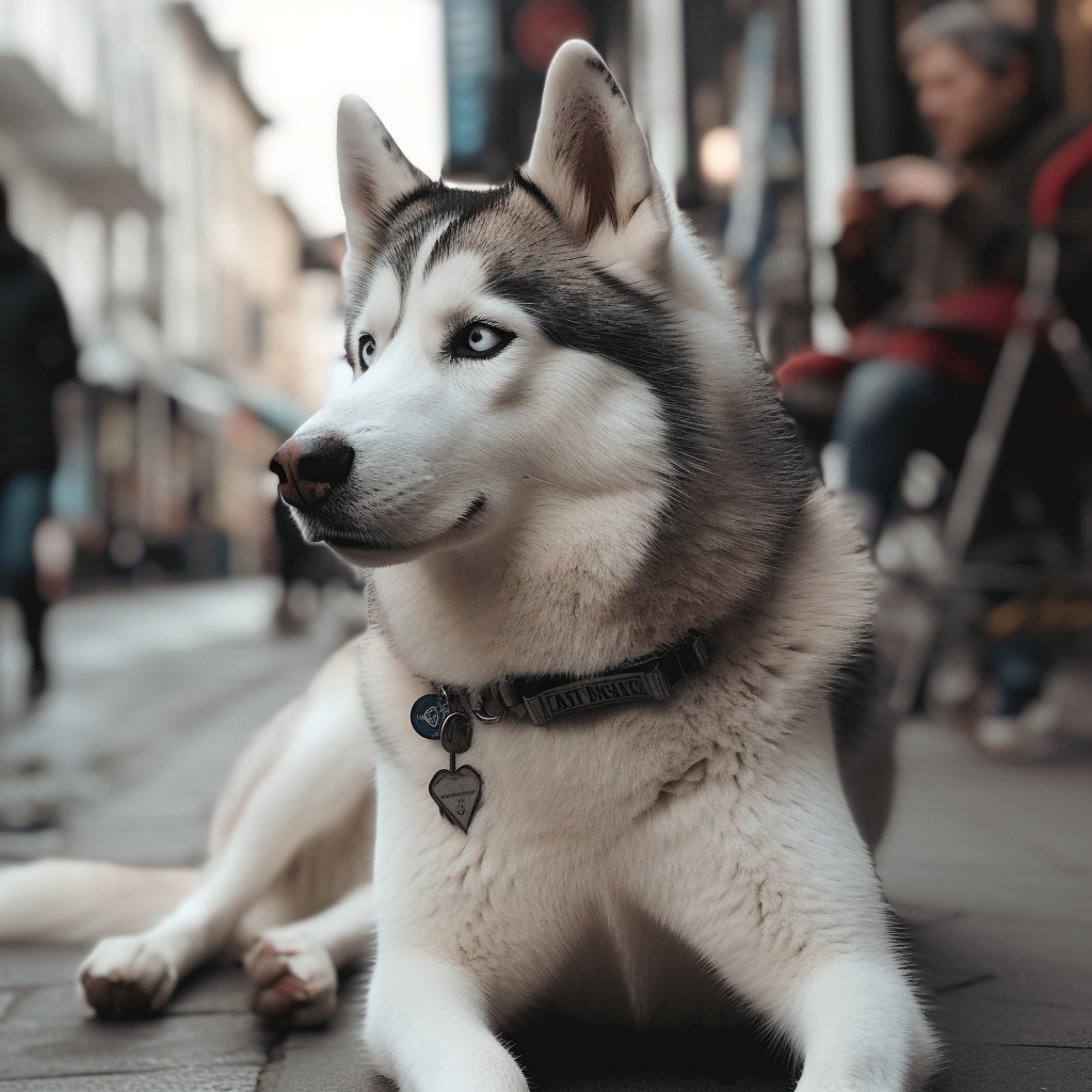 charming siberian husky image laying on the sidewalk waiting for his owner