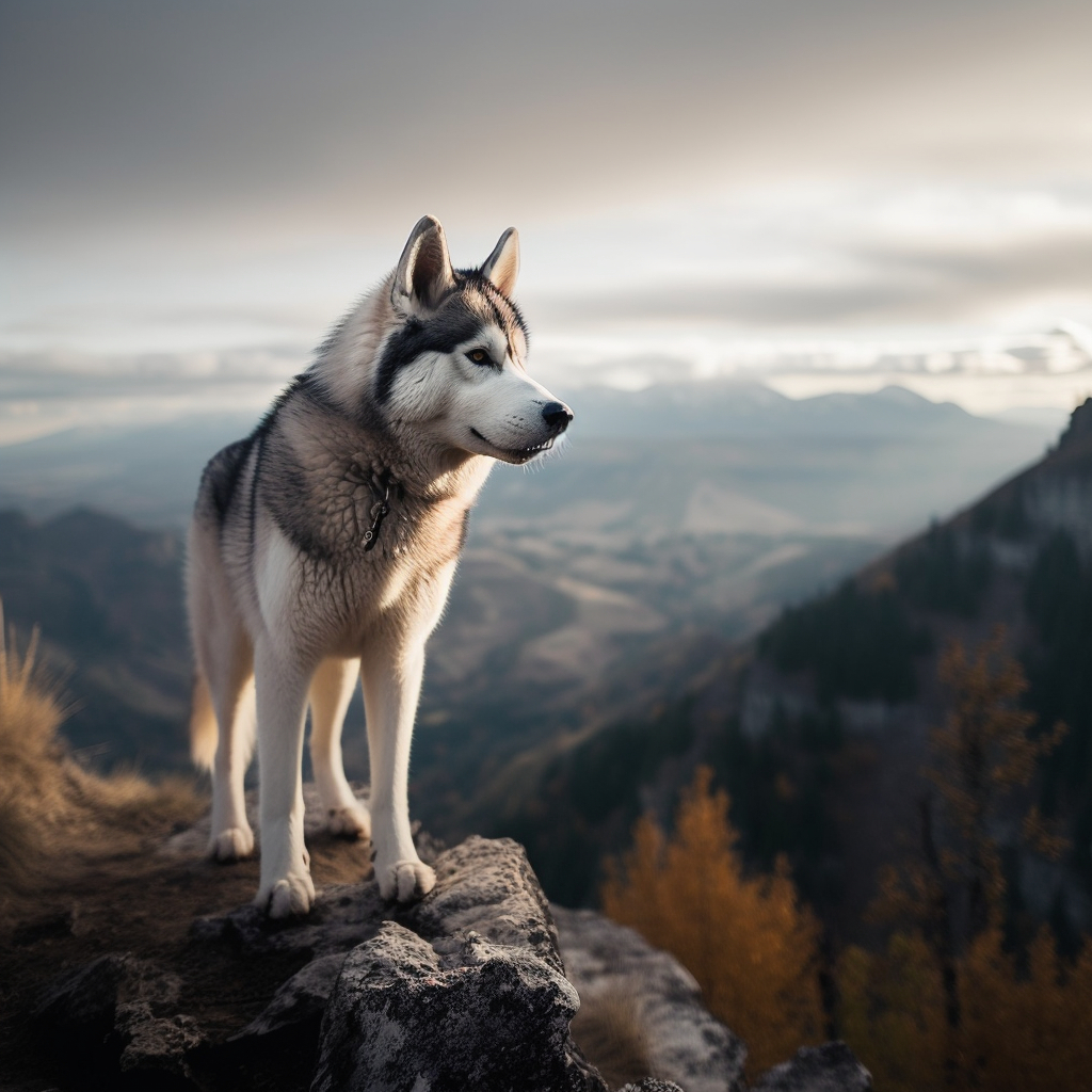 beautiful photo of a siberian husky dog overlooking a scenic background image up in the mountains