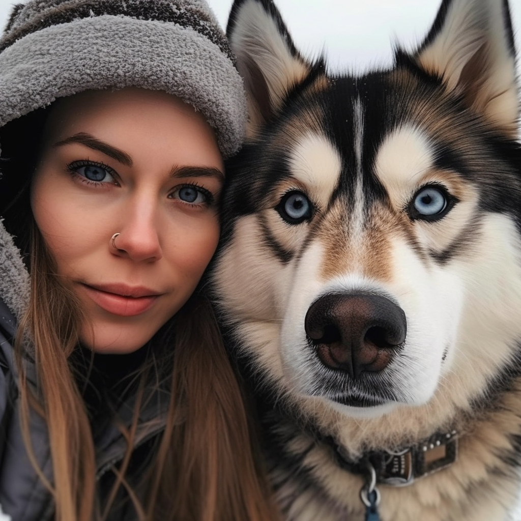 cute blue eyed siberian husky posing for a picture with a girl