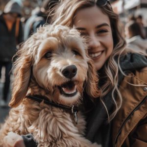 a happy dog being held by its owner