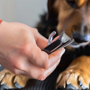 an owner getting ready to nail clip a dog