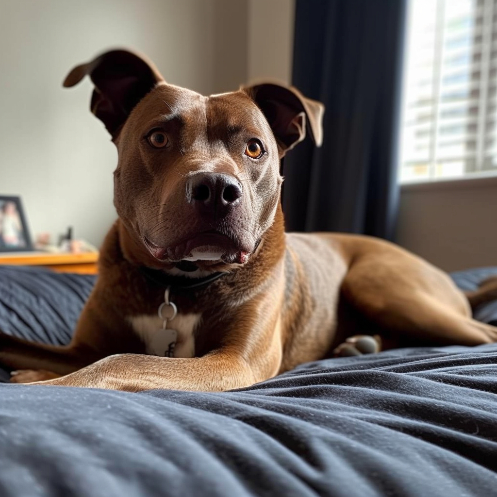 red nose pitbull picture laying on the bed